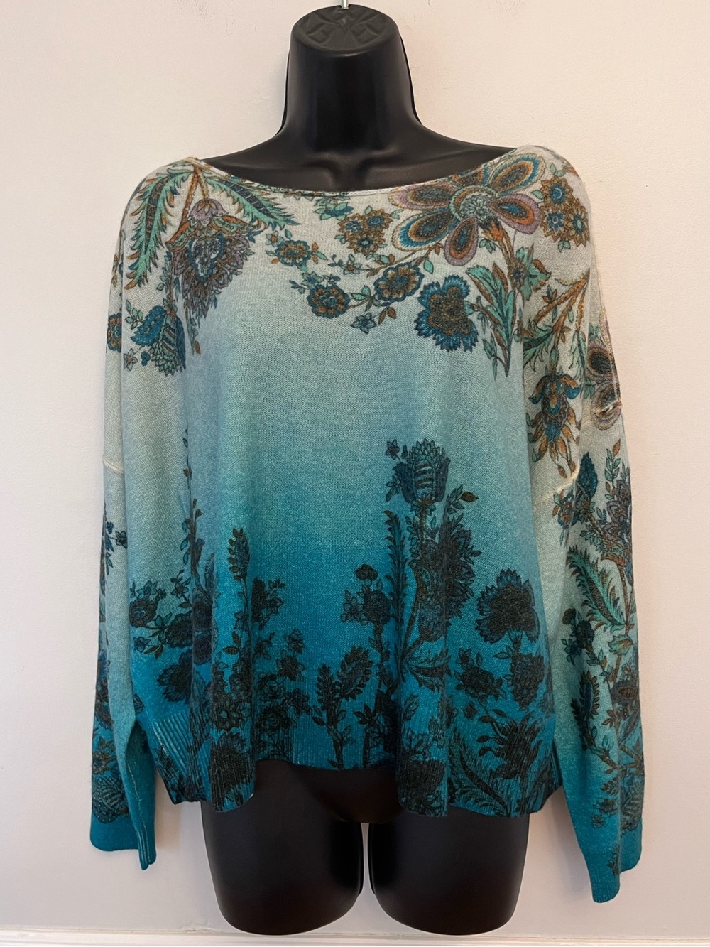 Pilcro Lani Cashmere Ombré Floral & Paisley Boatneck Sweater, Size Medium